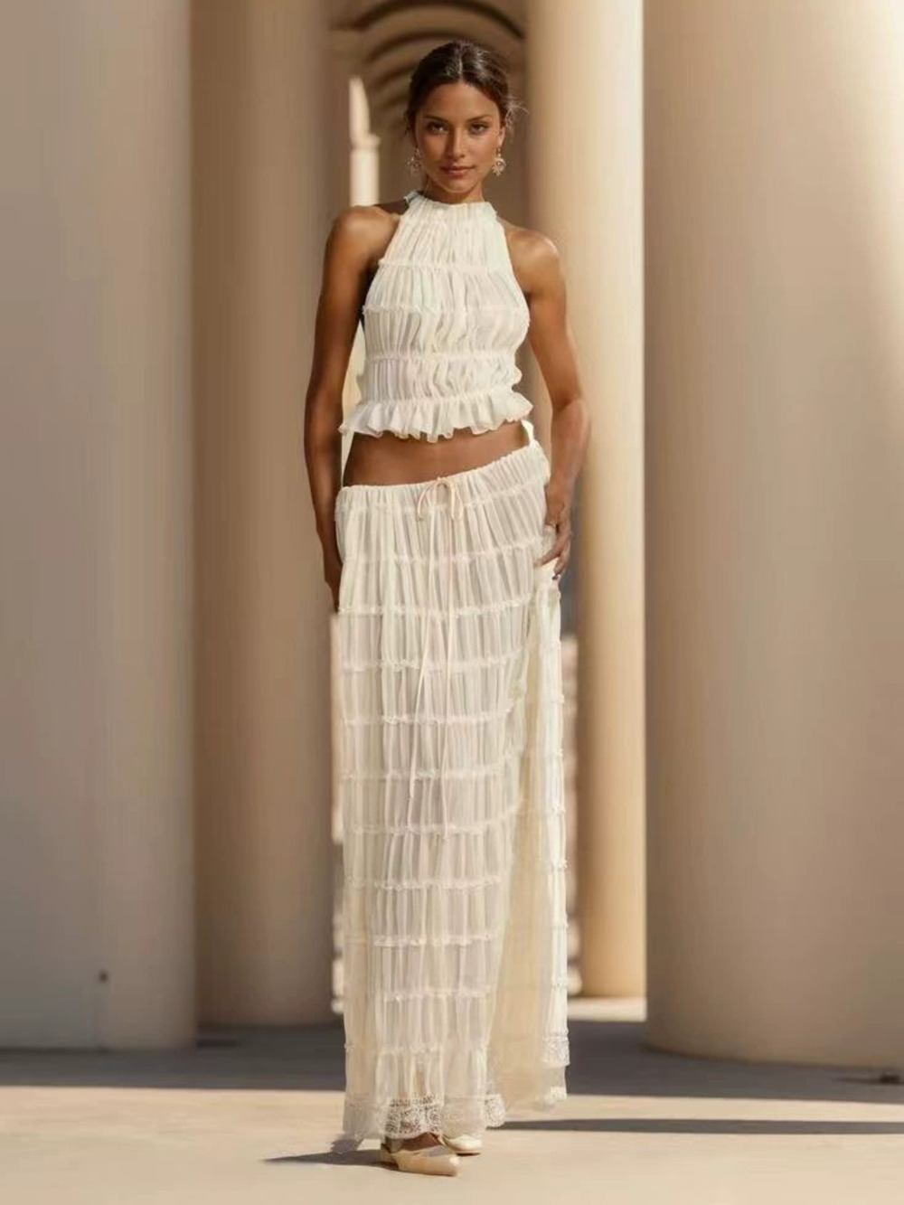 Zara Summer White Knit Pleated Backless Bodycon Skirt